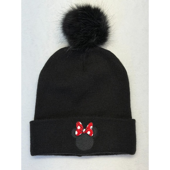 Disney Accessories - Minnie Mouse Fur Pom Knit Black Beanie Red Polka Dot Bow Embroidered Disney